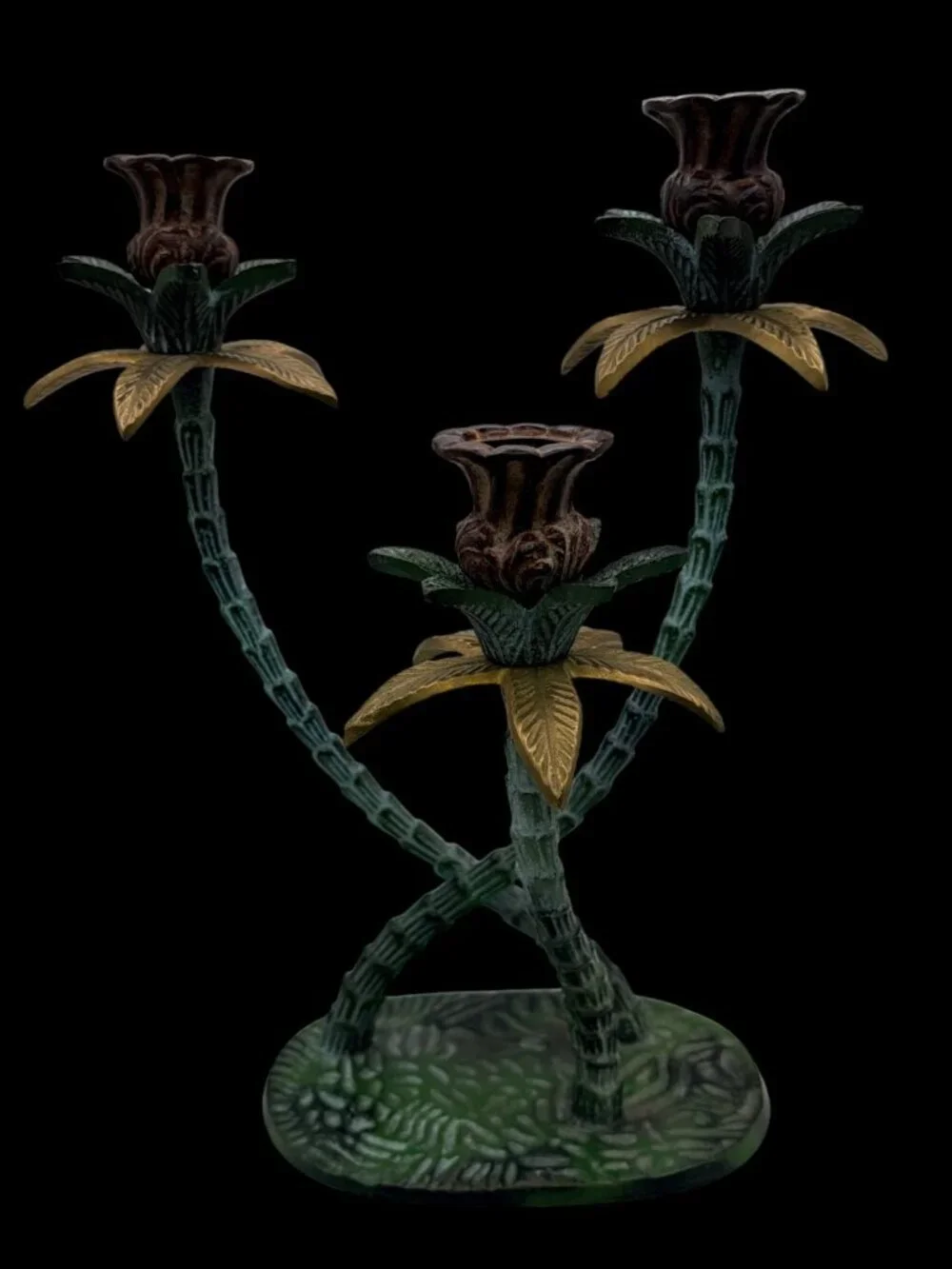 Vintage 1970s Tropical Palm Tree Cast Iron Candelabra Candle Holder